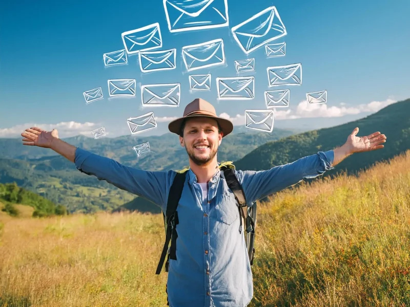 Firefly A happy tech guy with a hat made of emails travelling in nature horizontal banner 18439 (002)