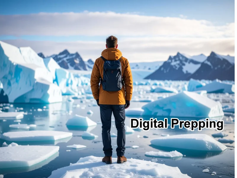 Firefly_en mand står på isen omgivet at isbjerge han er connected 492438__