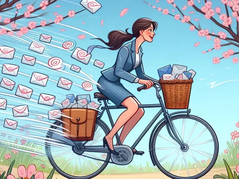 Girl on bicycle with mails in her basket spring cleaning