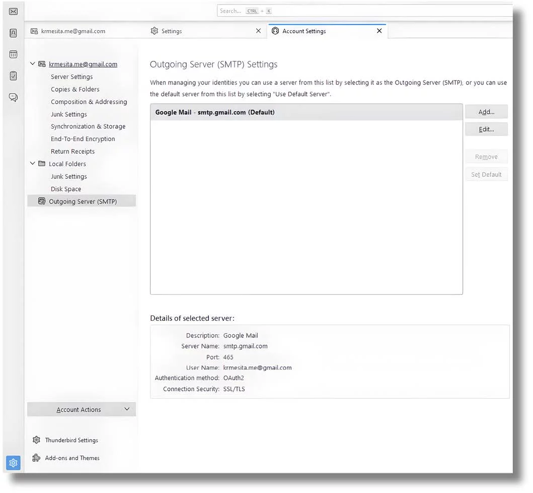 Mozilla Thunderbird 2 mySMTP